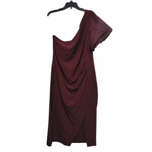 Ralph Lauren Burgundy One Shoulder Crepe Draped Cocktail Dress Women Size 16 NWT